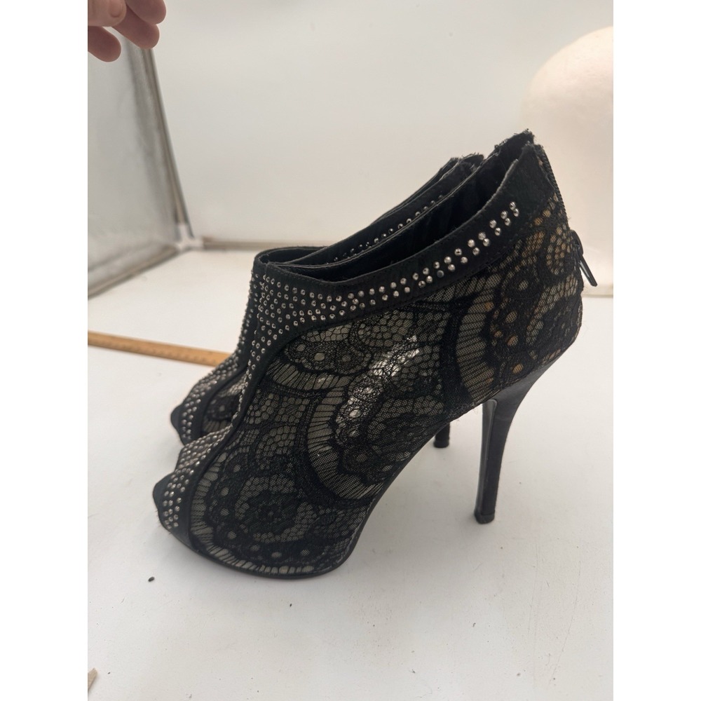 Wild Rose Size 7.5 Black Lace Heels Witchy Goth Rhinestone Peep Toe Stiletto